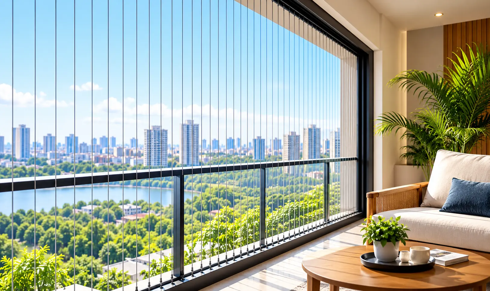 Contemporary home interior with large windows